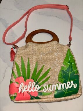Disney Parks "Hello Summer" Tropical Mickey Raffia Crossbody Tote Wooden Handle